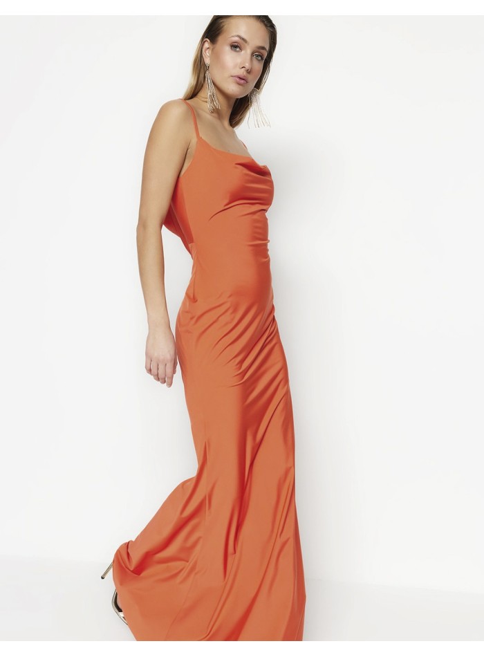 Satin evening dress with waterfall back