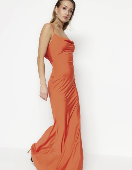 Satin evening dress with waterfall back