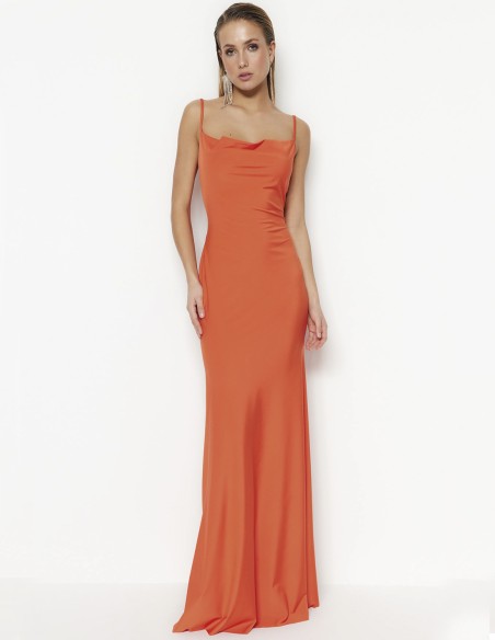 Satin evening dress with waterfall back