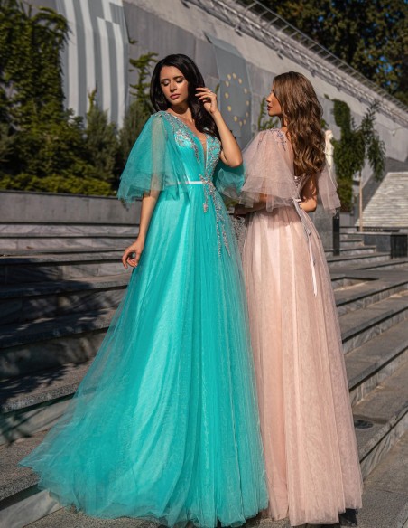 Long party dress with tulle bodice and rhinestones
