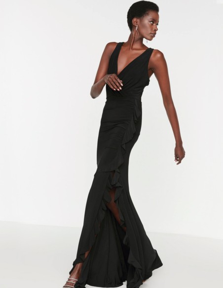 Vestido de fiesta largo elástico con abertura con volante