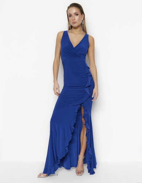 Stretch evening dress with ruffled and slit