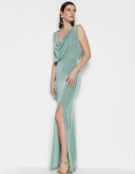 Light blue greek style evening dress with gold detailing