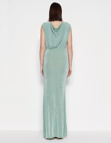 Robe de soirée de style grec bleu clair avec détails dorés