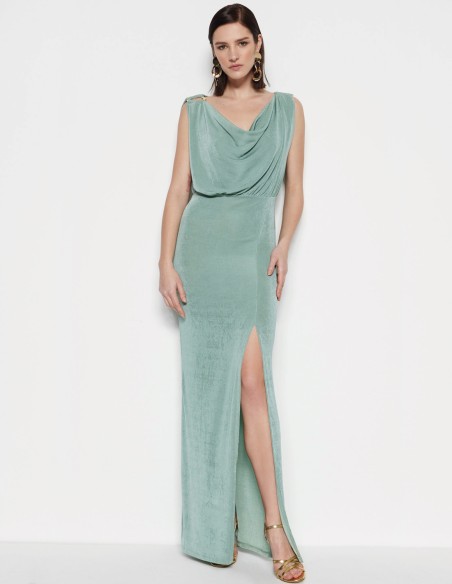 Vestido de fiesta estilo griego azul claro con detalles dorados