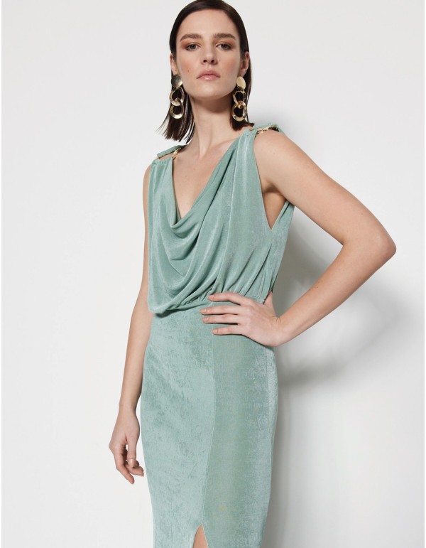 Light blue greek style evening dress with gold detailing 2