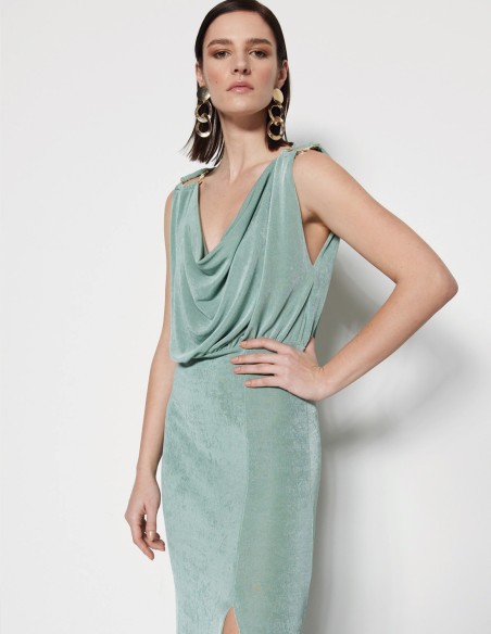 Light blue greek style evening dress with gold detailing