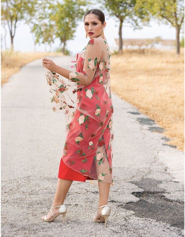 Strapless midi dress with embroidered tulle overlay 2