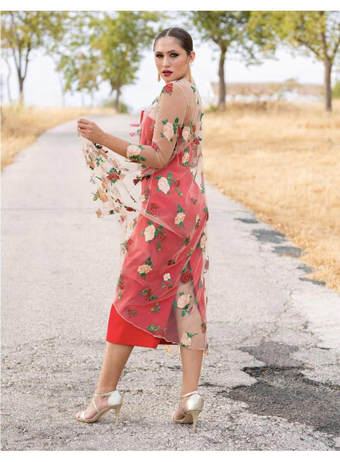 Strapless midi dress with embroidered tulle...