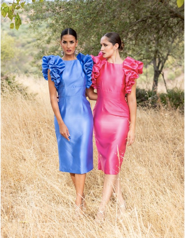 Satin cocktail dress with ruffled angel sleeves