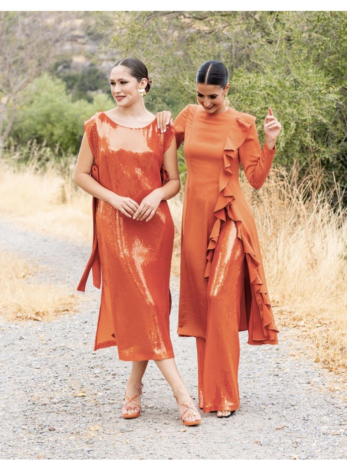 Terracotta midi party dress with sequins