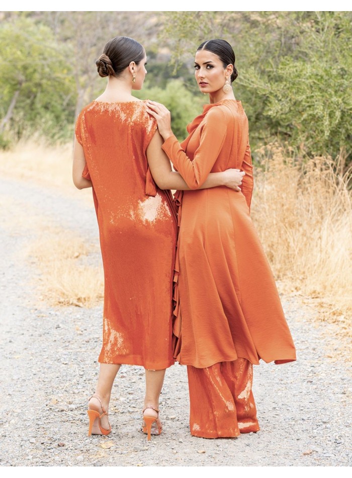 Vestido midi de fiesta terracota con lentejuelas