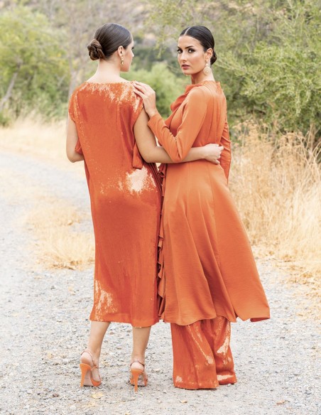 Vestido midi de fiesta terracota con lentejuelas