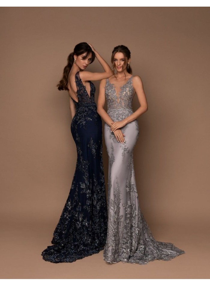 Long pearl grey party dress with embroidery...