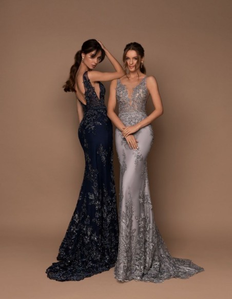 Robe longue de fête gris perle avec broderie sur le corsage et l'encolure