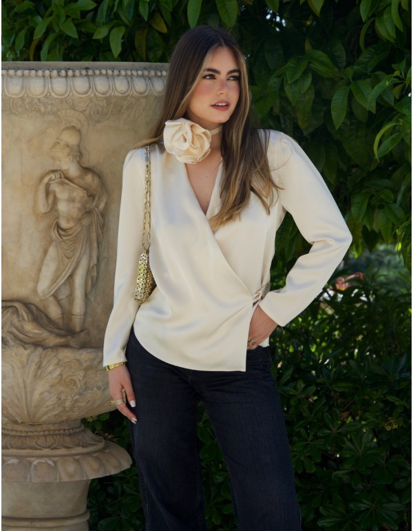 Satin party blouse with cross over design and flower on the neckline