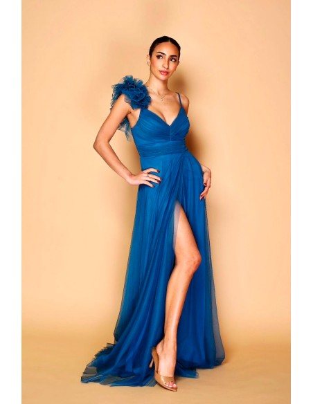 Vestido de fiesta de tul con hombro decorado para invitada