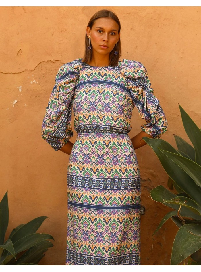 Vestido midi de fiesta con estampado étnico