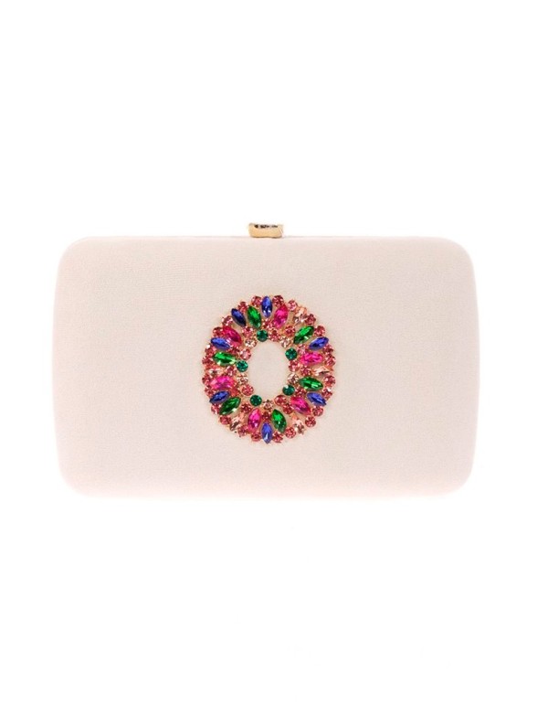Suede evening clutch bag with multicoloured jewelled brooch