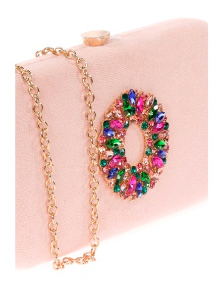 Suede evening clutch bag with multicoloured jewelled brooch
