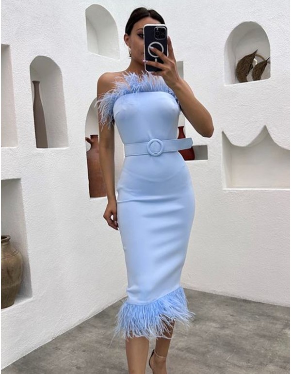 Vestido de fiesta midi con detalle plumas y cinturón para invitada 2
