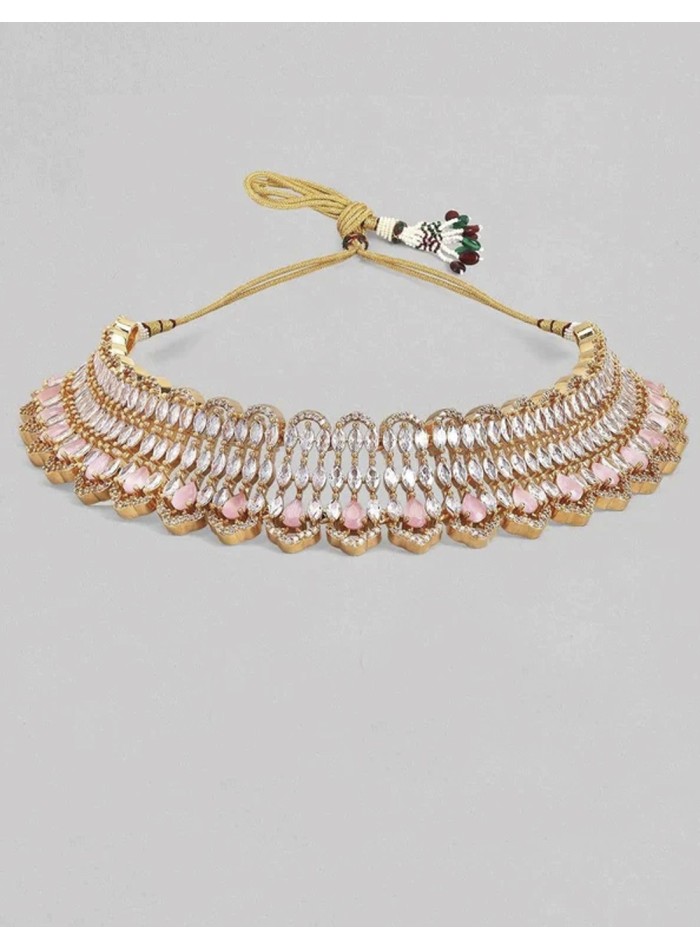 Gold-plated guest choker with crystals and pink...