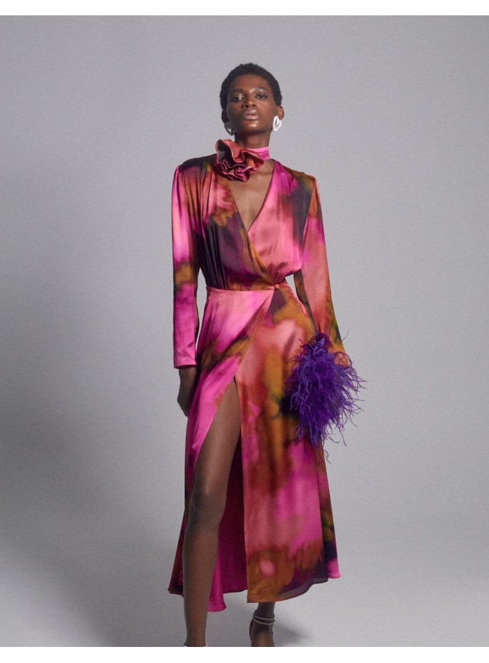 Silk printed midi party dress with crossover print