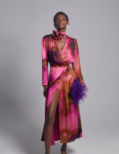 Vestido midi de fiesta cruzado estampado de seda