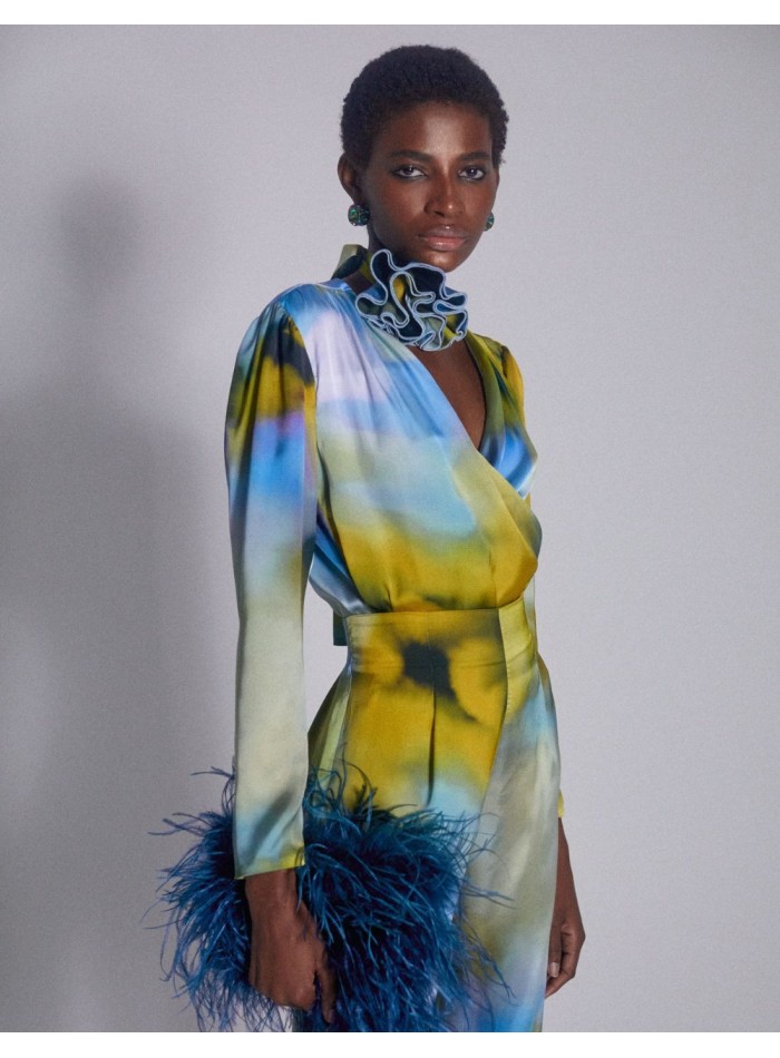 Long sleeve printed satin party blouse with...