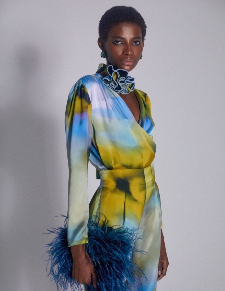 Pantalon taille haute en satin imprimé