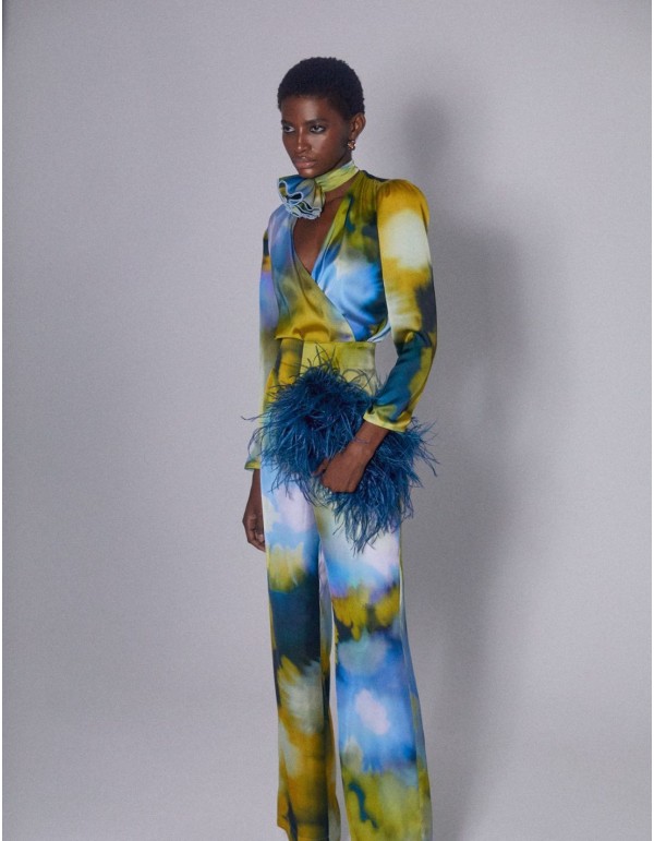 Satin printed high-waist trousers