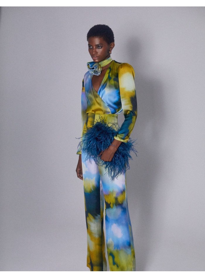 Satin printed high-waist trousers