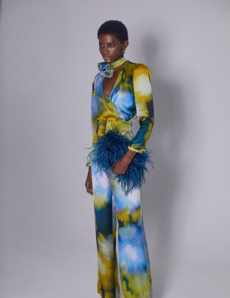 Satin printed high-waist trousers