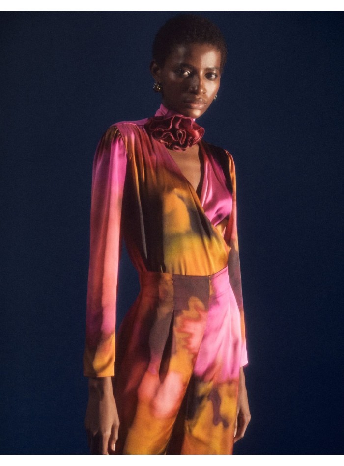 Satin party blouse with crossover neckline and...