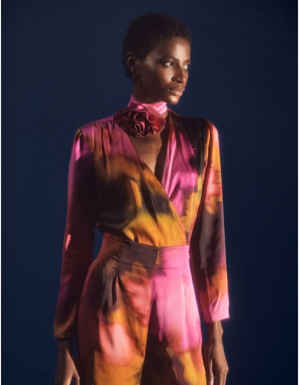 Satin party blouse with crossover neckline and floral... 2