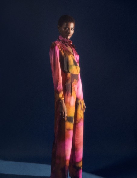 Satin printed high-waist long trousers