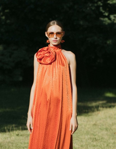 Orange midi party dress with floral embellishment