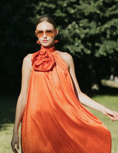 Orange midi party dress with floral embellishment