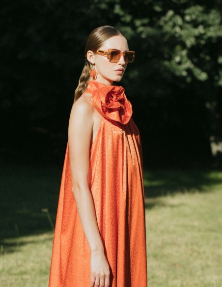 Orange midi party dress with floral embellishment