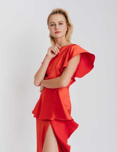 Long satin party dress with ruffles