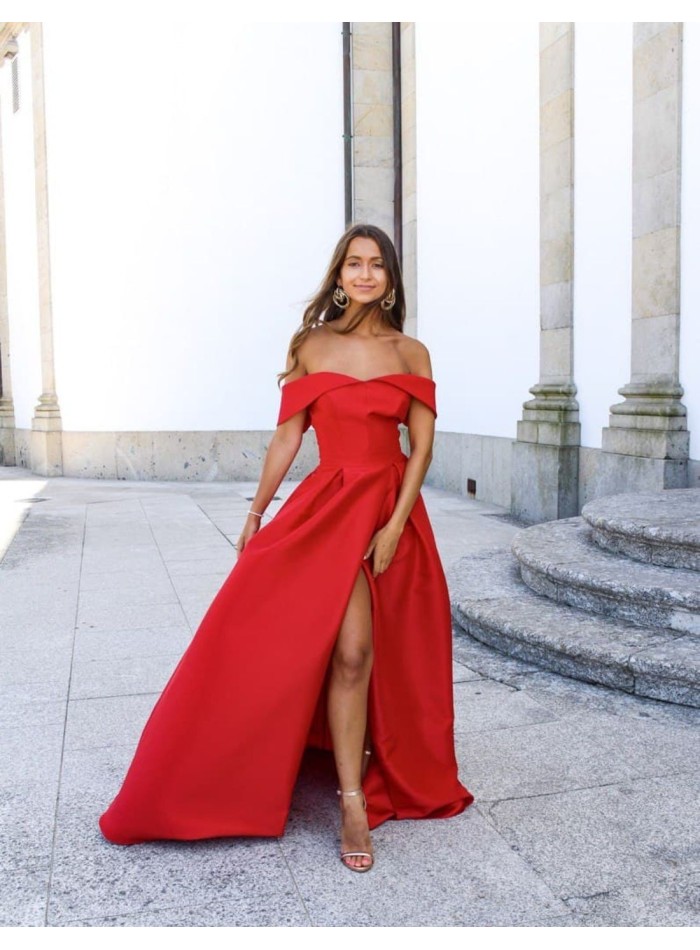 Long satin party dress with bardot neckline