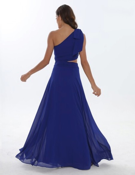 Evening dress with side cut-out and asymmetric bow neckline