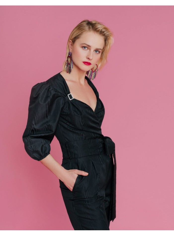Black long party jumpsuit with jewel embellishment