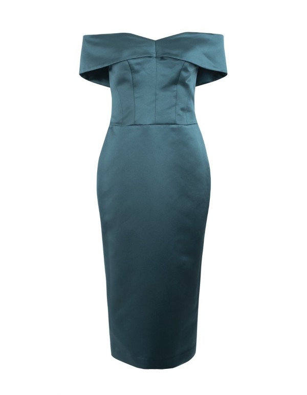 Robe de soirée midi avec encolure bardot