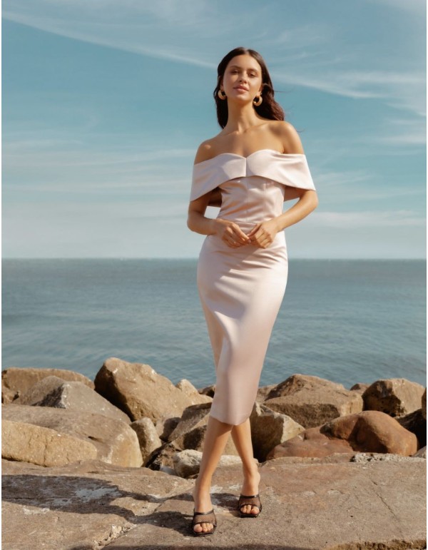 Vestido midi de fiesta con escote bardot