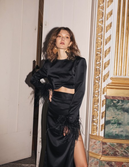 Crop-top satinado con manga larga y plumas