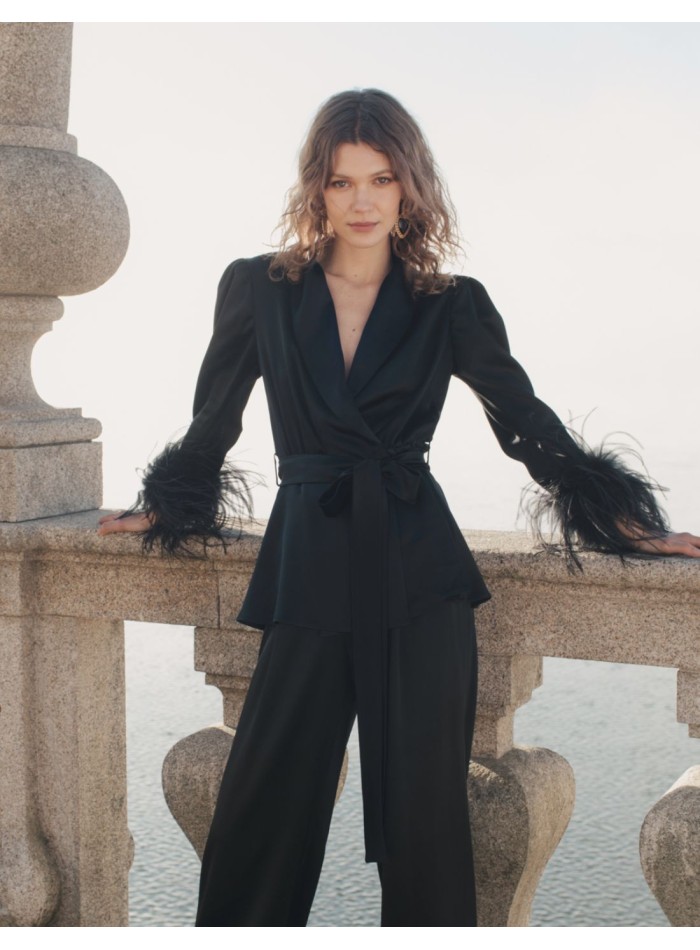 Black crossover blouse with lapels and feathers