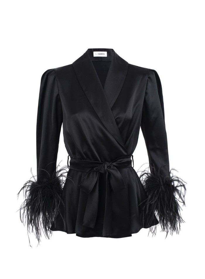 Black crossover blouse with lapels and feathers