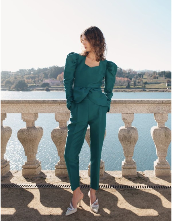 Emerald green party blouse with frill 2