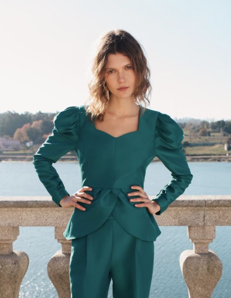 Emerald green party blouse with frill
